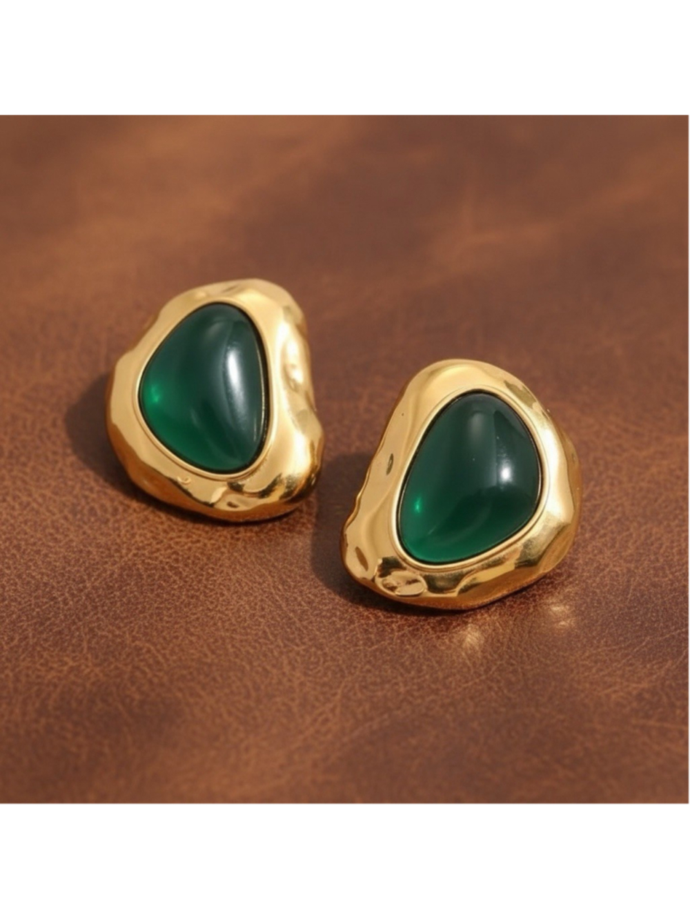 Molten Earrings Museum Modern Art Green Stud Statement Cabochon Hammered VTG